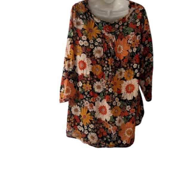 Natural Life Womens Gauze Peasant Top Black Combo Floral Frayed V Neck Boho L - Picture 4 of 4